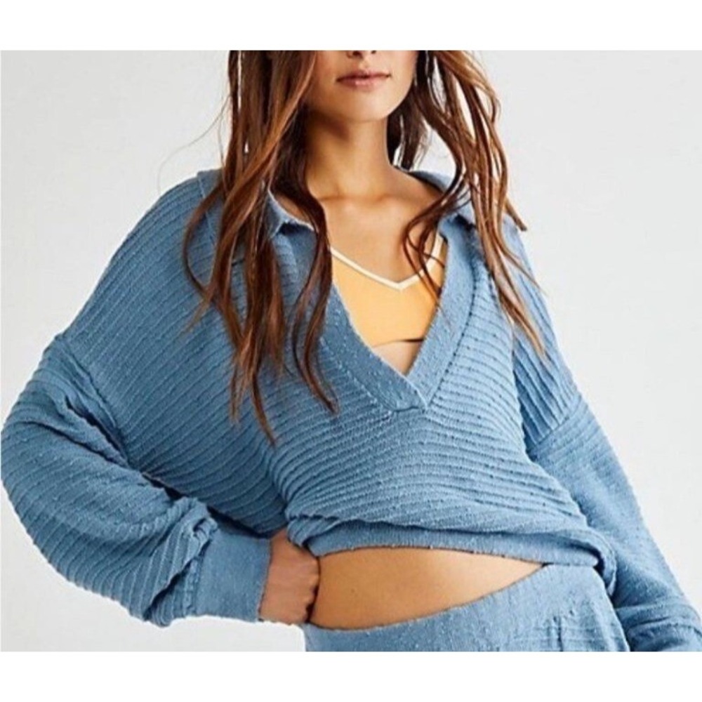 Free People Beach Carter Sweater Baby Blue Boho Knit V-Neck Drop Shoulder Medium